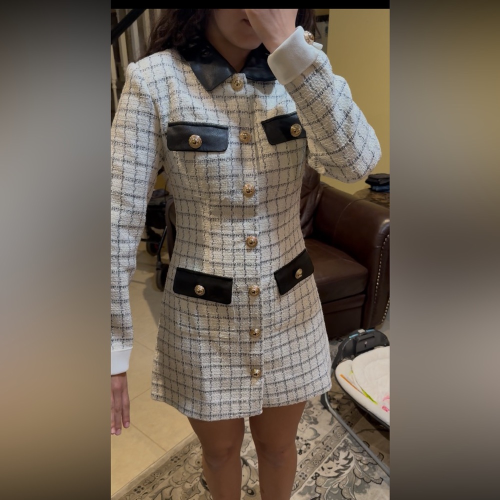 New Tweed Button-Front Mini Dress with Black Pocket Accents - Picture 6 of 9